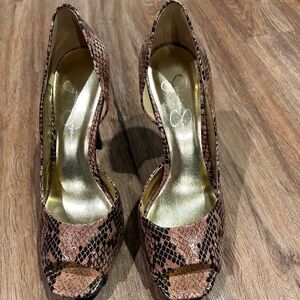 Snake print peep toe heels